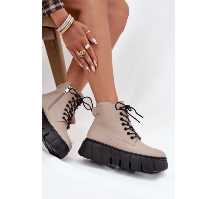 Skórzane Ocieplane Botki Damskie Na Platformie Vinceza 66803 Beżowe