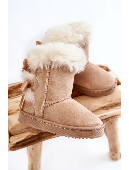 Dziecięce Ocieplane Botki Z Kokardkami Śniegowce Jasnobeżowe Funky Dziecięce Ocieplane Botki Z Kokardkami Śniegowce Jasnobeżowe Funky