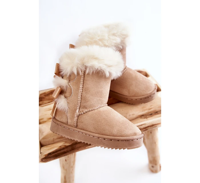 Dziecięce Ocieplane Botki Z Kokardkami Śniegowce Jasnobeżowe Funky Dziecięce Ocieplane Botki Z Kokardkami Śniegowce Jasnobeżowe Funky