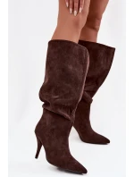 Wsuwane Kozaki Damskie Na Szpilce Z Eko Zamszu Czekoladowe Noretta