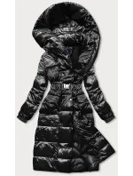 Čierna dlhá dámska bunda s opaskom (ag8-8002)