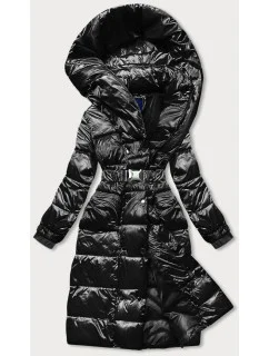 Čierna dlhá dámska bunda s opaskom (ag8-8002)