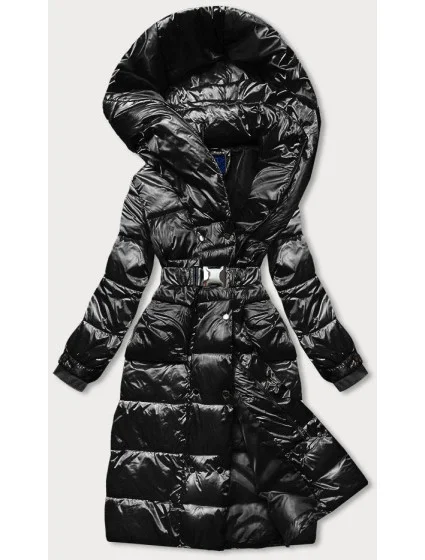 Čierna dlhá dámska bunda s opaskom (ag8-8002)