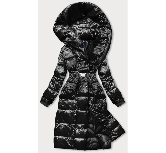 Čierna dlhá dámska bunda s opaskom (ag8-8002)