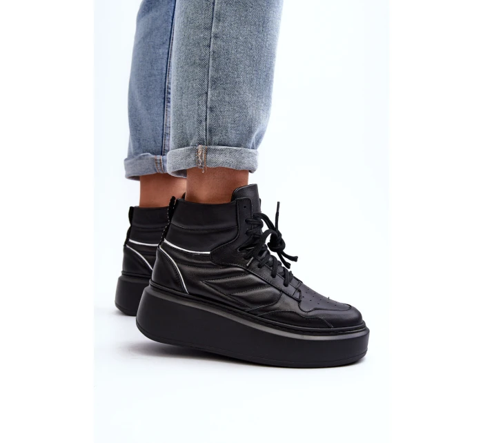 Zazoo 3392/X Damskie Skórzane Buty Sportowe Na Platformie Czarne