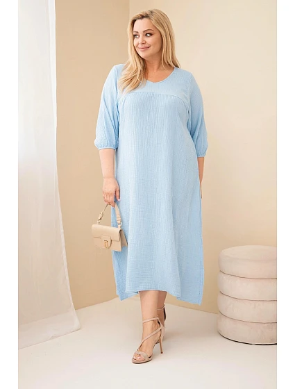 Dámské šaty Plus Size bavlněné mušelínové s výstřihem do V modré
