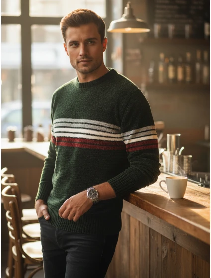 Pánský pruhovaný zelený svetr Dstreet model 21982545 - FashionStreet