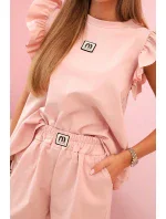 Dámský komplet s volánem – halenka s krátkým rukávem a šortky s gumičkou tmavě pudrově růžová