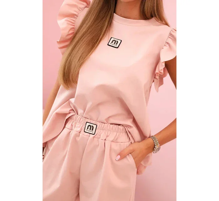 Dámský komplet s volánem – halenka s krátkým rukávem a šortky s gumičkou tmavě pudrově růžová