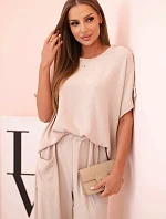 Viskózová blúzka + nohavice tmavobéžová