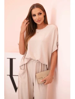 Komplet z viskózy halenka + kalhoty tmavě béžový