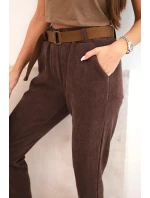 Dámské kalhoty s páskem pruhované hnědé