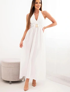 Dámske viskózové maxi šaty viazané za krkom s ozdobnou sponou ecru