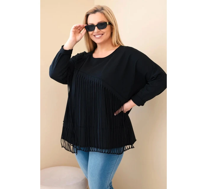 Dámske Plus veľkosť bavlnená blúzka s strapcami čierna