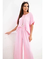 Dámsky viskózový set blúzka s krátkym rukávom a široké nohavice candy pink