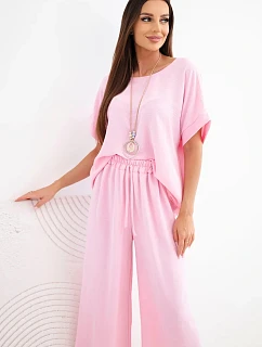 Dámsky viskózový set blúzka s krátkym rukávom a široké nohavice candy pink