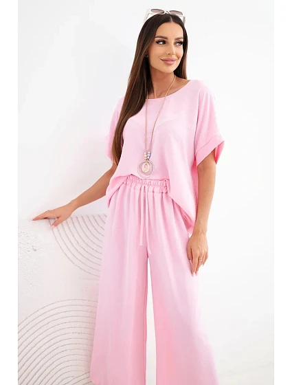 Dámsky viskózový set blúzka s krátkym rukávom a široké nohavice candy pink