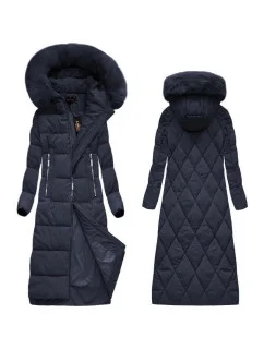 Tmavomodrá dlhá dámska zimná bunda s kapucňou (7688)