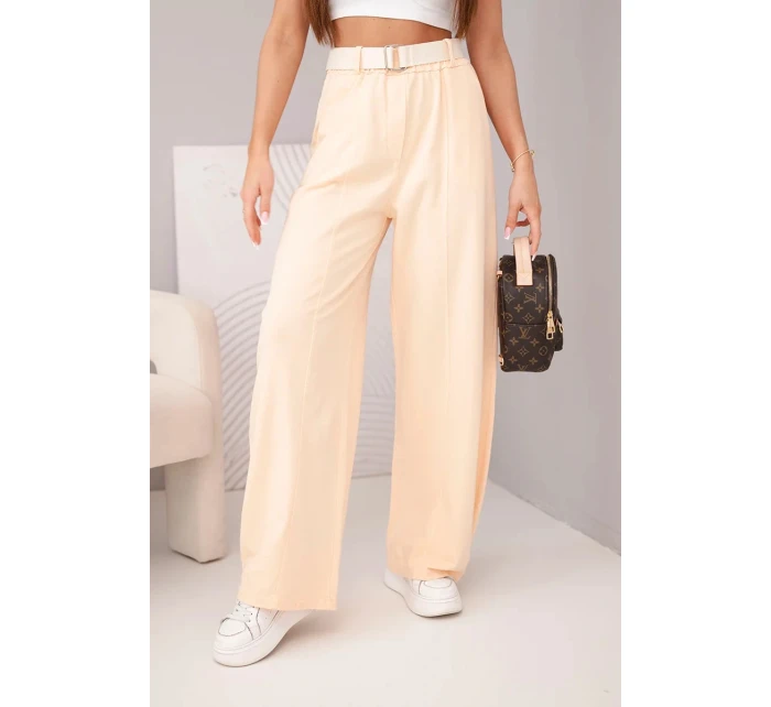 Dámske bavlnené nohavice so širokými nohavicami a opaskom marhuľová