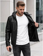 Pánska zateplená bunda z ekokože s kapucňou, čierna, FashionStreet TX5147