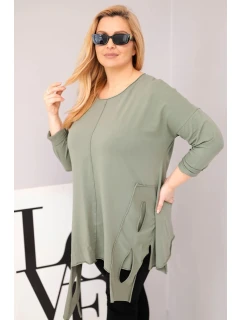 Dámská bavlněná blůza Plus Size s asymetrickým spodním lemem a výřezy khaki