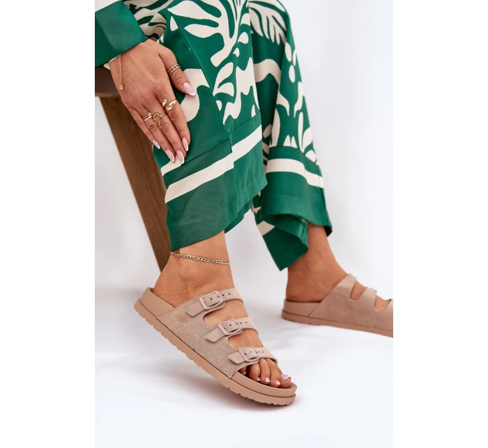 Klapki Damskie Z Paskami I Klamrami Beżowe Uliri