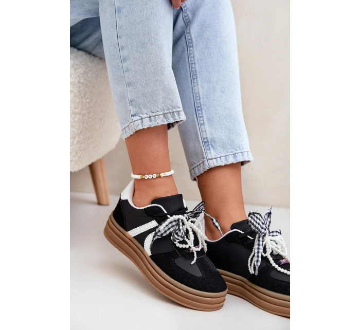 Sneakersy Damskie Na Platformie Z Ozdobami Czarne Vinness