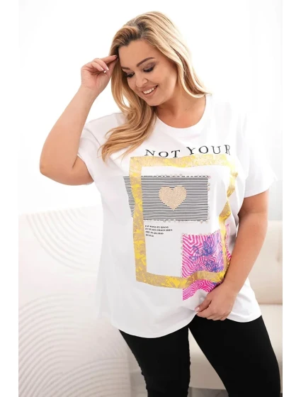 Dámska bavlnená blúzka nadrozmernej veľkosti so zlatým nápisom biela + žltá Dámska bavlnená blúzka nadrozmernej veľkosti so zlatým nápisom biela + žltá