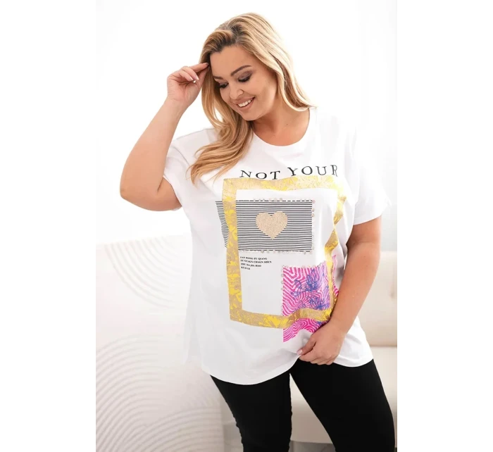 Dámska bavlnená blúzka nadrozmernej veľkosti so zlatým nápisom biela + žltá Dámska bavlnená blúzka nadrozmernej veľkosti so zlatým nápisom biela + žltá