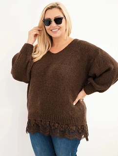 Dámsky sveter vo veľkosti Plus Size s čipkovaným lemom, hnedý