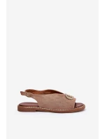 Sandały Damskie Z Ozdobą Na Płaskim Obcasie Eko Zamszowe Ciemnobeżowe Ralisses