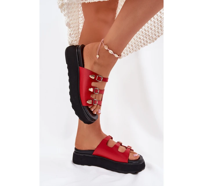 Klapki Damskie Na Platformie Z Paskami Czerwone Nimiotte