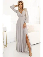 třpytivé dlouhé šaty s výstřihem, dlouhými rukávy a rozparkem na nohou BEACH model 20997233 - numoco