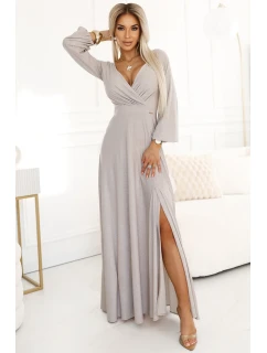 třpytivé dlouhé šaty s výstřihem, dlouhými rukávy a rozparkem na nohou BEACH model 20997233 - numoco