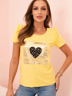Dámská bavlněná blůza s volánkem a srdcem z kamínků žlutá