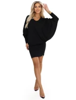 402-10 Pohodlné netopierie šaty s dlhým rukávom - čierne