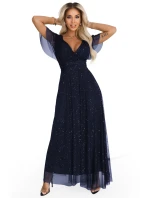 dlouhé lesklé šaty s výstřihem a krátkými rukávy tmavě modré model 21777396 - numoco basic
