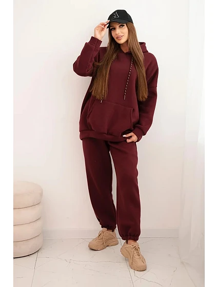 Dámská tepláková souprava zateplená z bavlny s kapucí bordová
