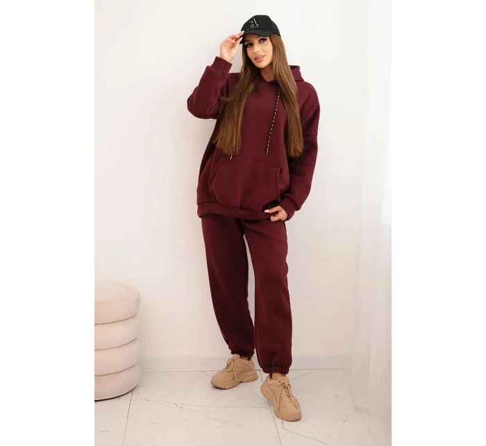 Dámská tepláková souprava zateplená z bavlny s kapucí bordová