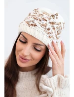 Dámska zimná čiapka s farebnými vzormi a hrubým úpletom K353 ecru+brown melier