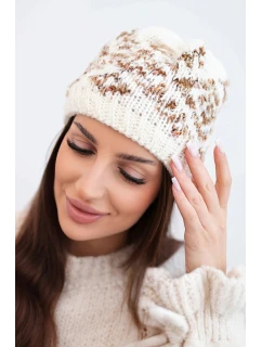 Dámska zimná čiapka s farebnými vzormi a hrubým úpletom K353 ecru+brown melier