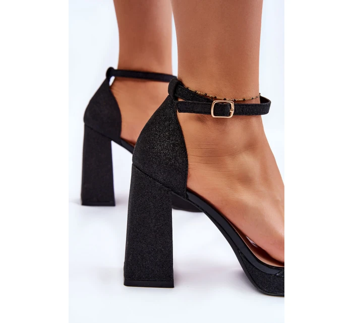 Błyszczące Sandałki Na Masywnym Obcasie Czarne Calmi Błyszczące Sandałki Na Masywnym Obcasie Czarne Calmi