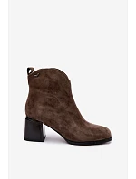 Kožené semišové kotníkové boty na podpatku model 22391083 Khaki - VINCEZA