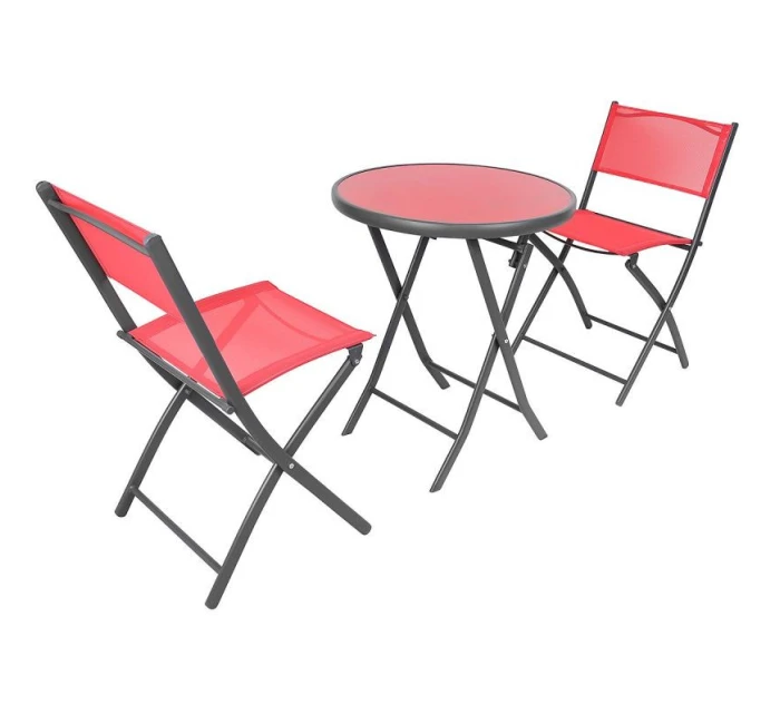 BALKÓNOVÝ NÁBYTOK SADA OKRÚHLY STÔL A 2 SKLADACIE STOLIČKY ČERVENÁ