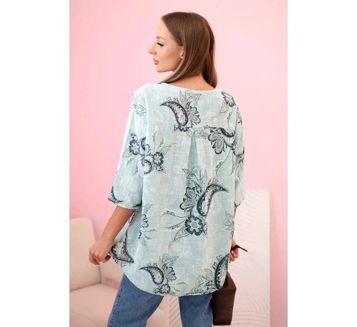 Dámska bavlnená blúzka s vyhrnutými rukávmi a paisley vzorom mätová Dámska bavlnená blúzka s vyhrnutými rukávmi a paisley vzorom mätová