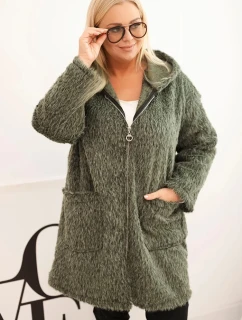 Dámsky viskózový kabát Plus Size so zipsom a khaki kapucňou