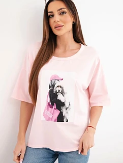 Dámska bavlnená blúzka s krátkymi rukávmi a módnou potlačou v púdrovo ružovej farbe