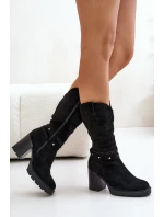 Kozaki Damskie Do Połowy Łydki Na Słupku Ocieplane Czarne Ivanelis