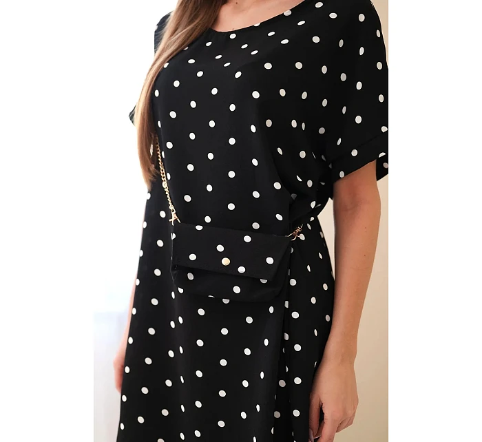 Dámske bodkované šaty s krátkymi rukávmi a kabelkou čierne