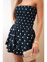 Dámsky viskózový overal s bodkami a volánom tmavomodrý